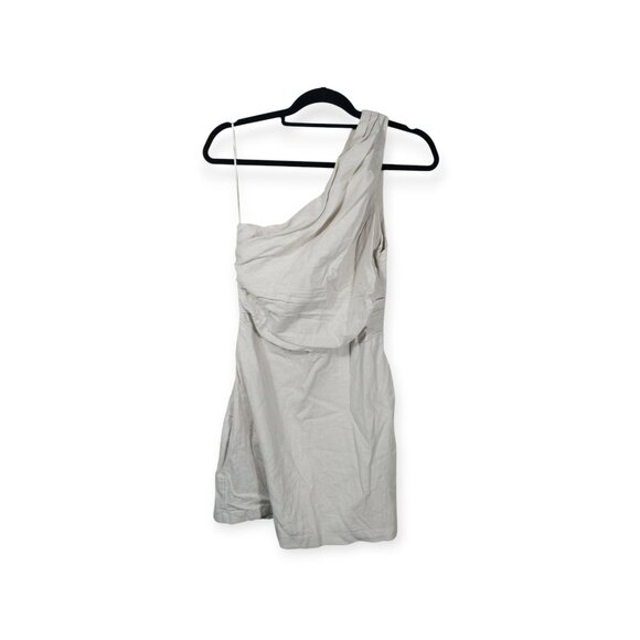 Abercrombie & Fitch Beige Linen Mini Dress SZ M One Shoulder Lined Cocktail Hour - Picture 1 of 12